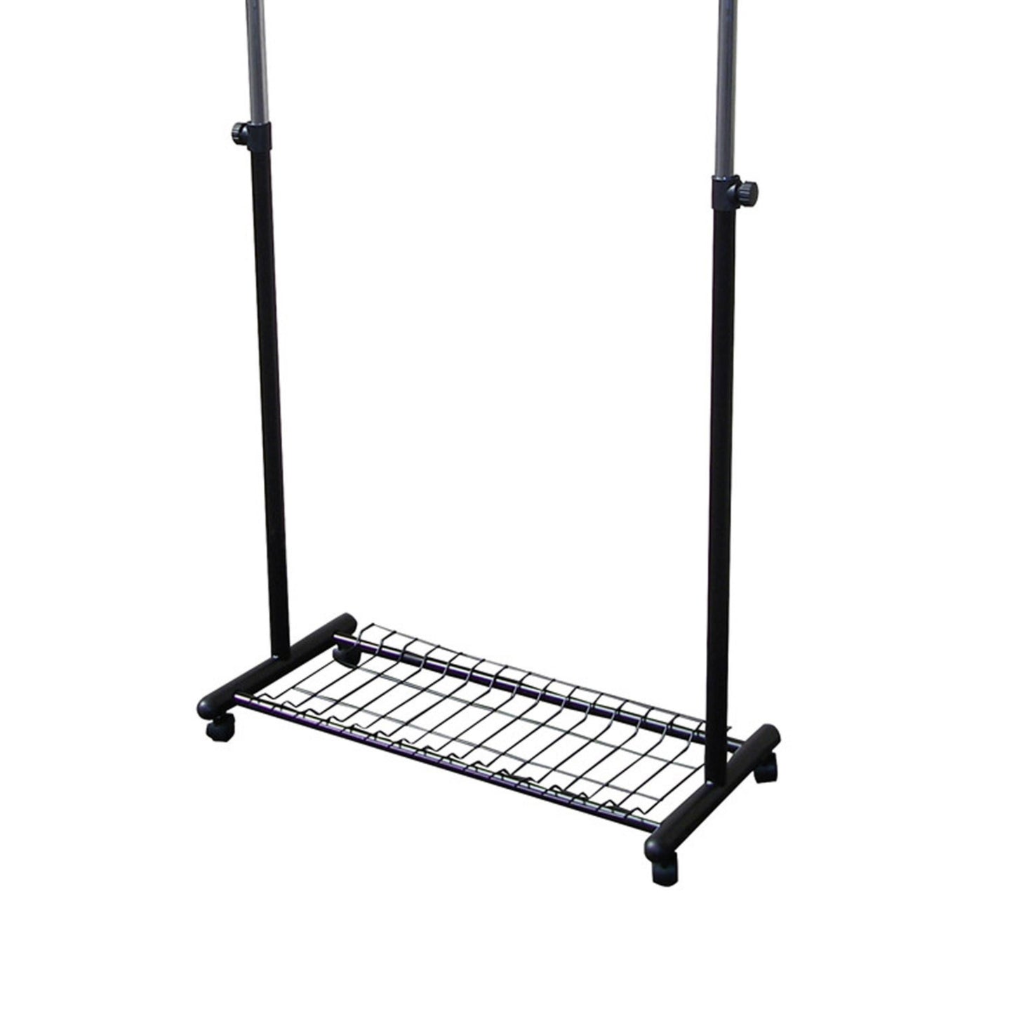 Black metal garment rack with adjustable height and wheeled base
