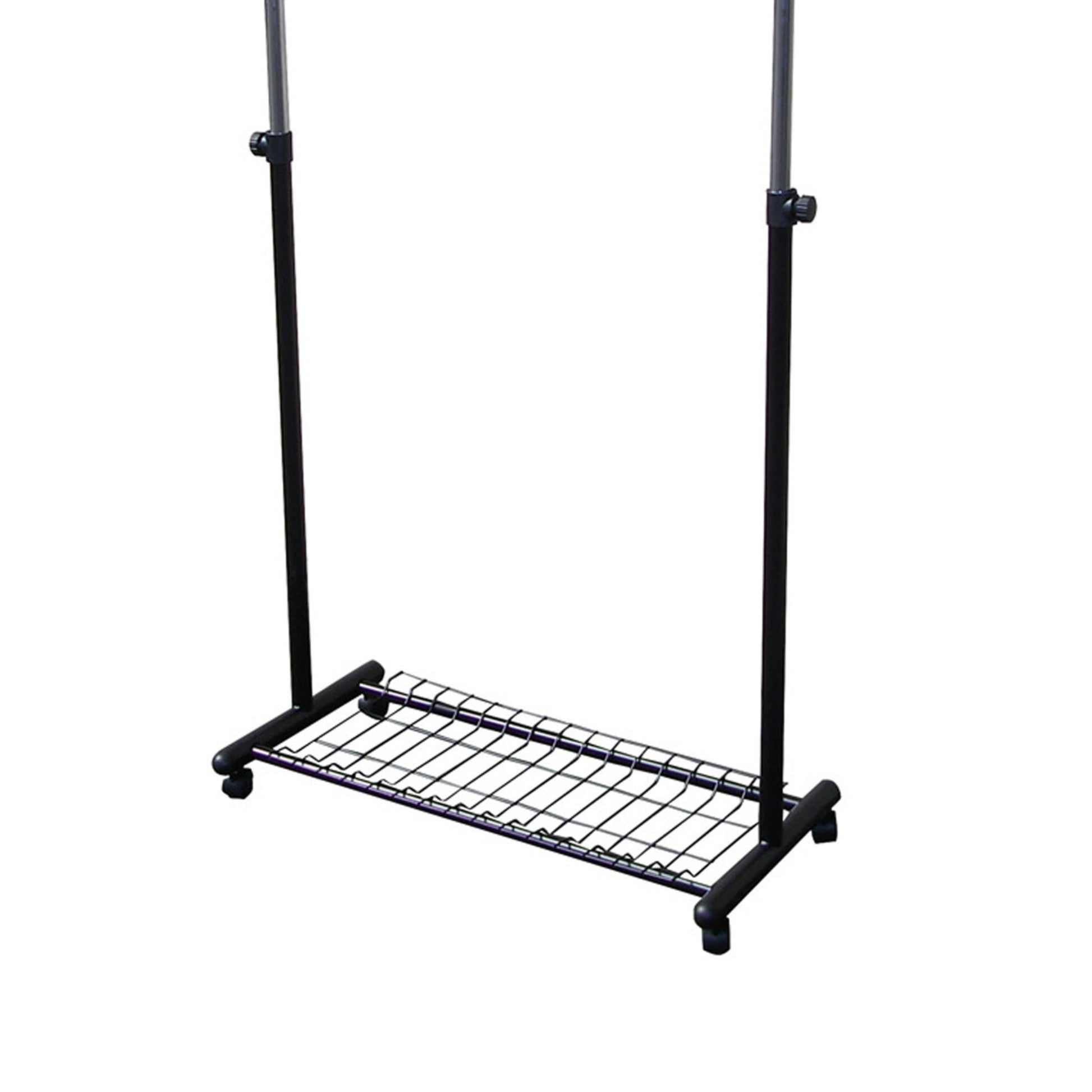 Black metal garment rack with adjustable height and wheeled base