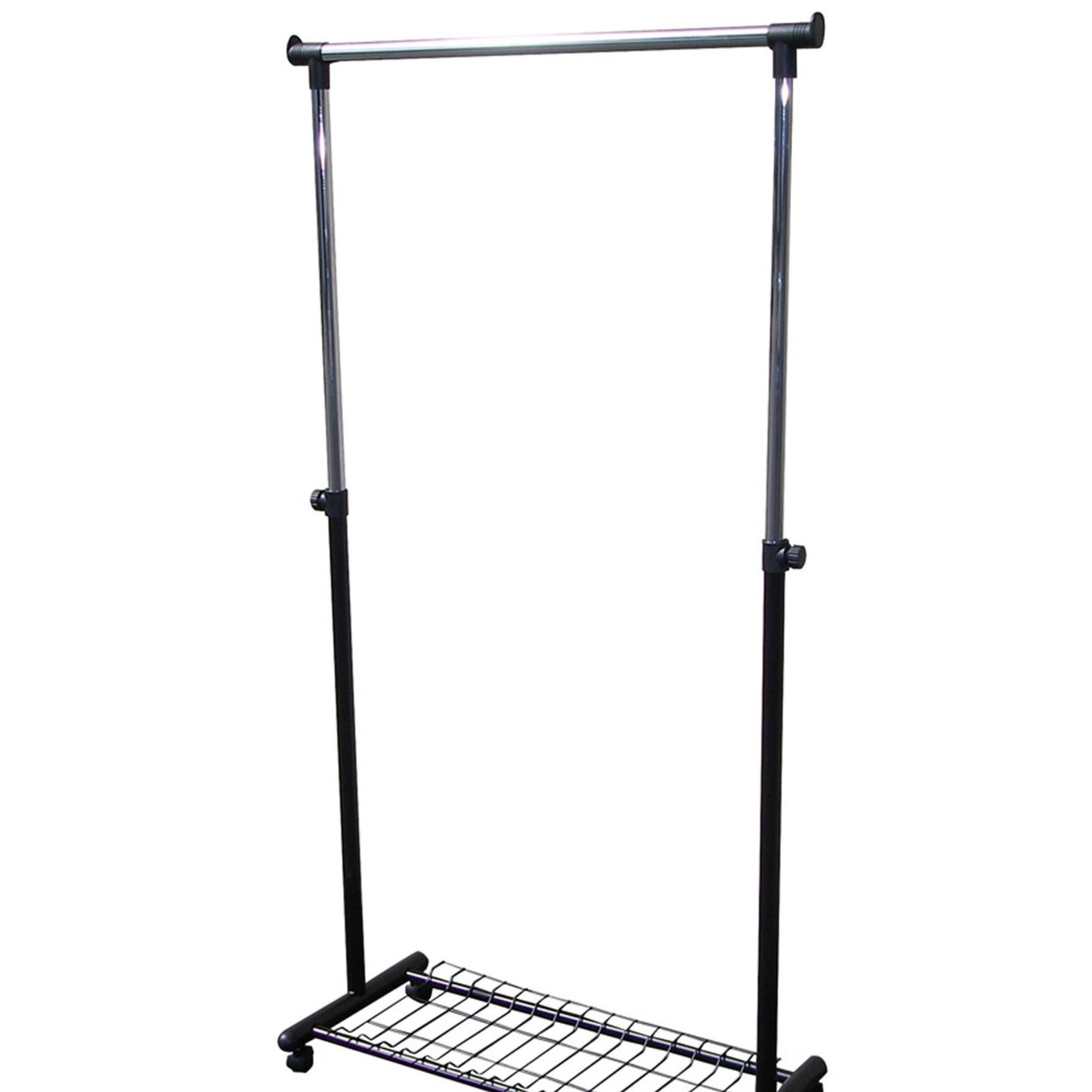 Adjustable garment rack with chrome hanging bar and black base