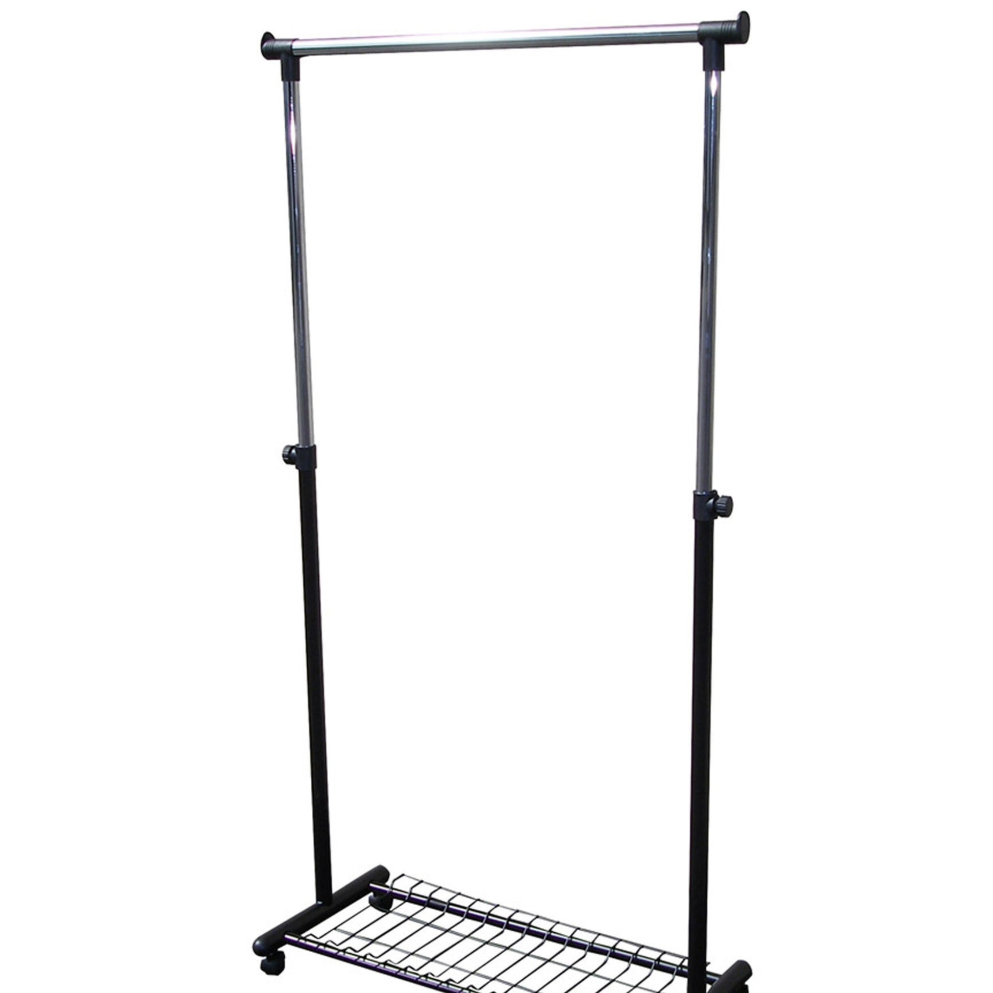 Adjustable garment rack with chrome hanging bar and black base