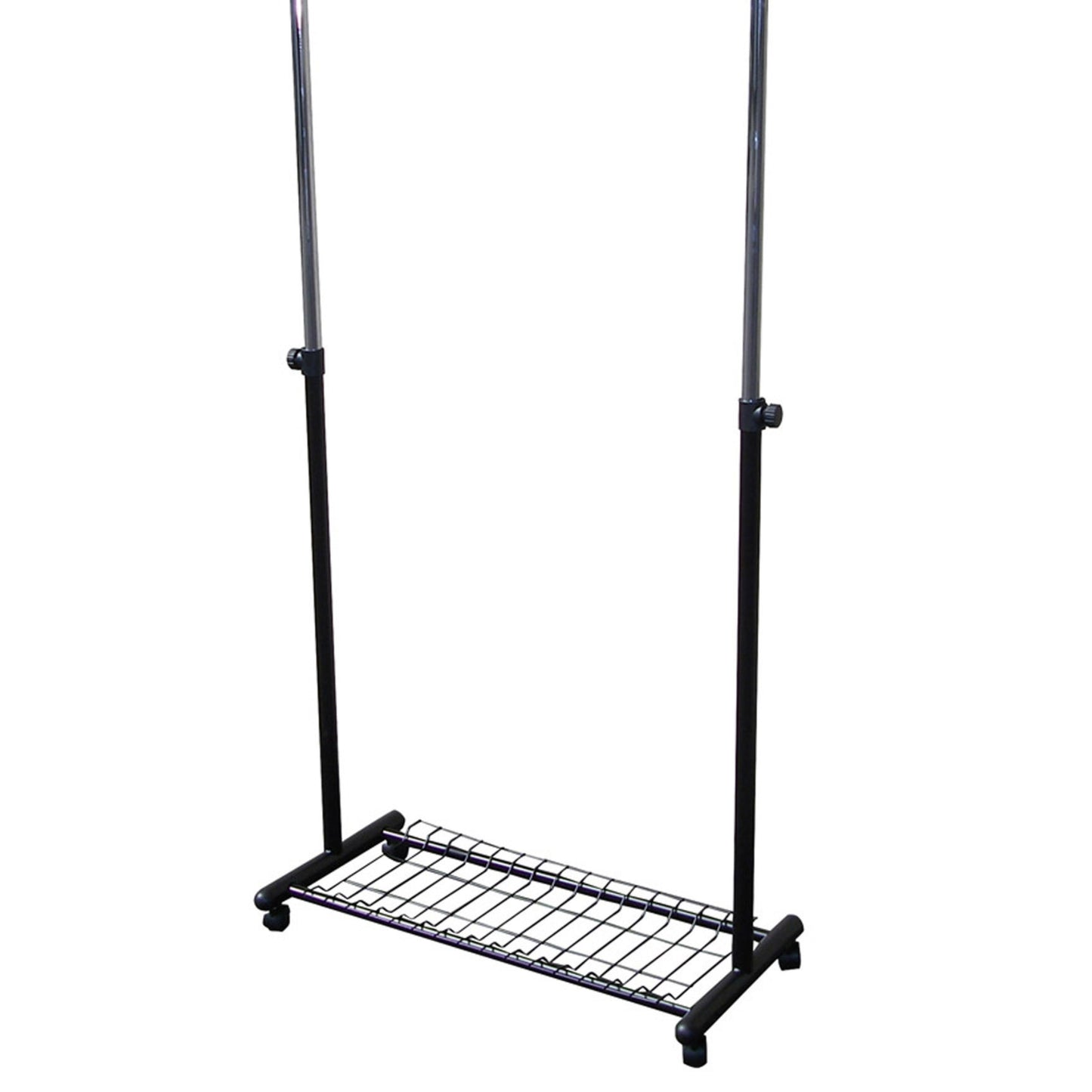 Black metal garment rack with wheels and lower shelf