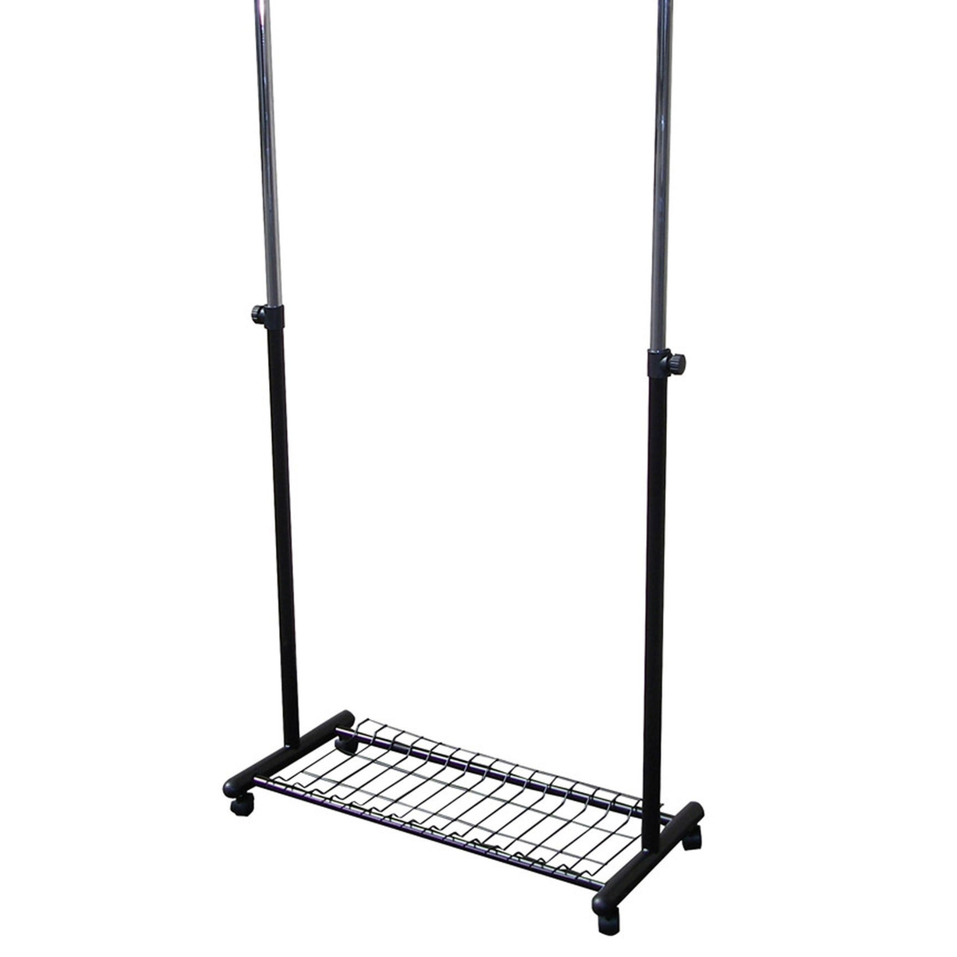 Black metal garment rack with wheels and lower shelf