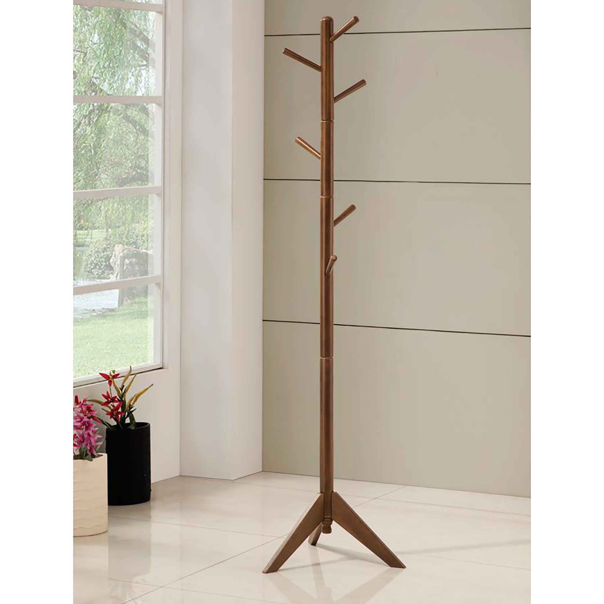 Brown wooden coat rack with multiple branches