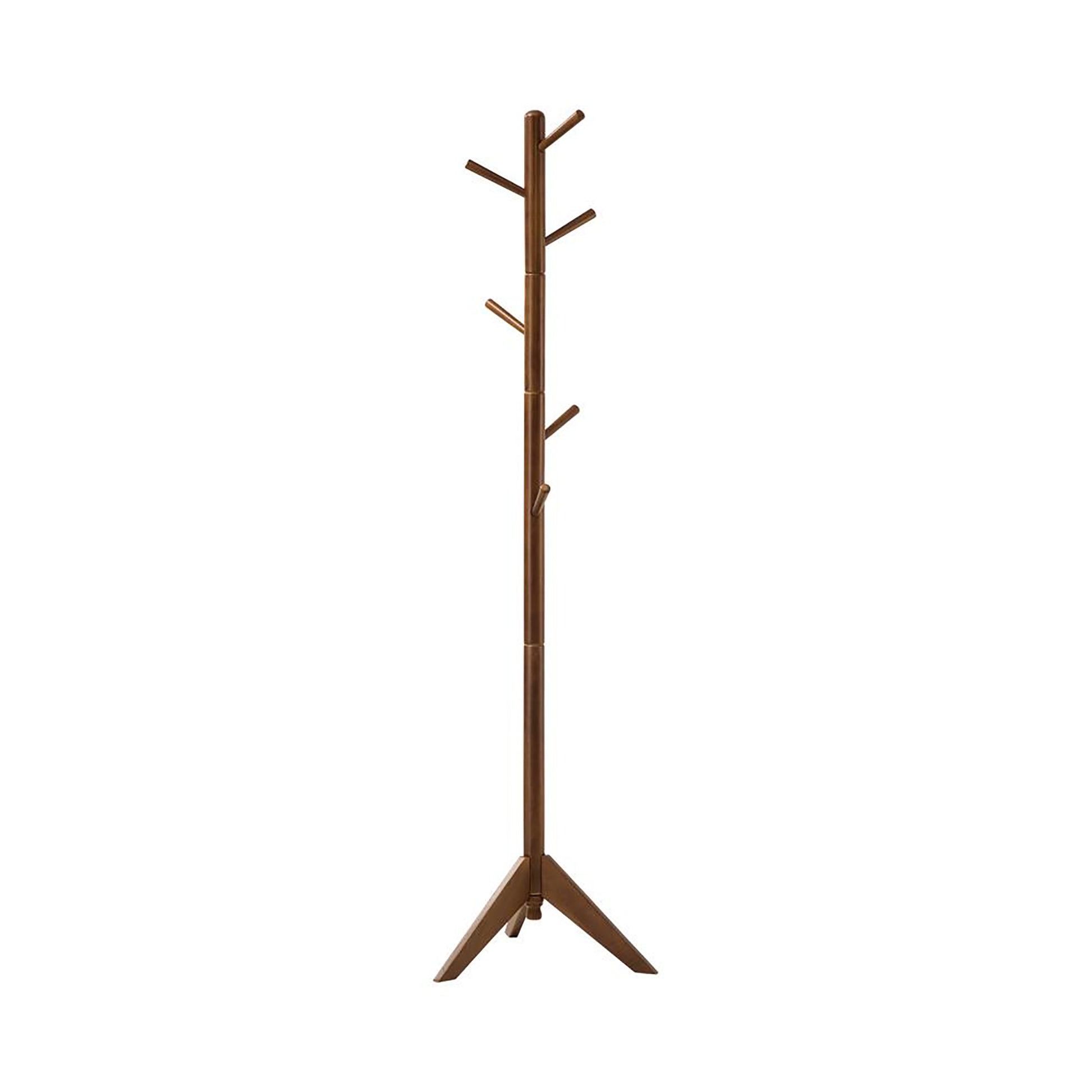 Dark brown wooden coat rack with tree branch design and tripod base