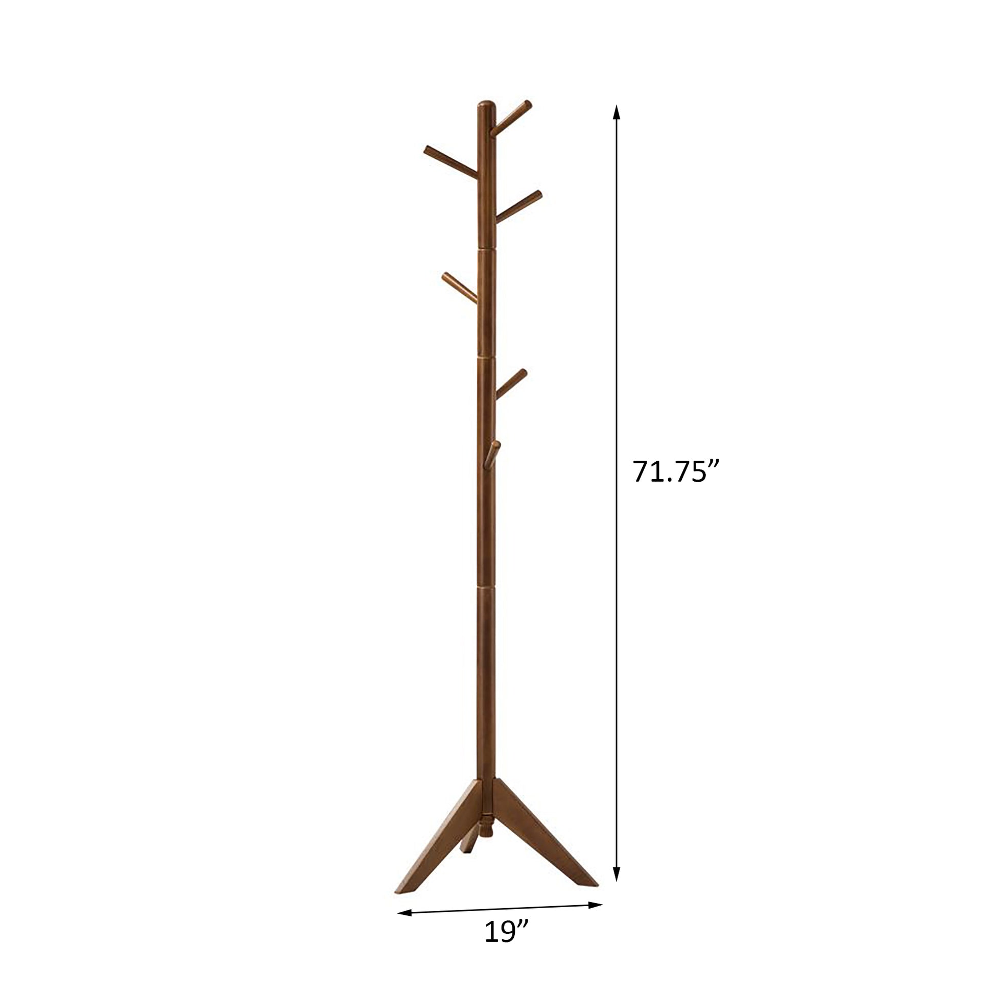 Brown wooden coat rack with multiple branches and tripod base  inches tall