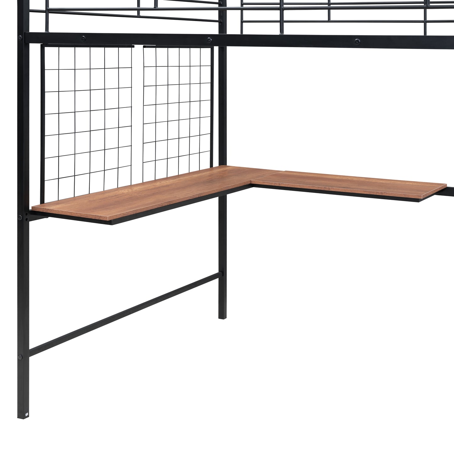 Black metal bunk bed frame with integrated woodgrain corner desk