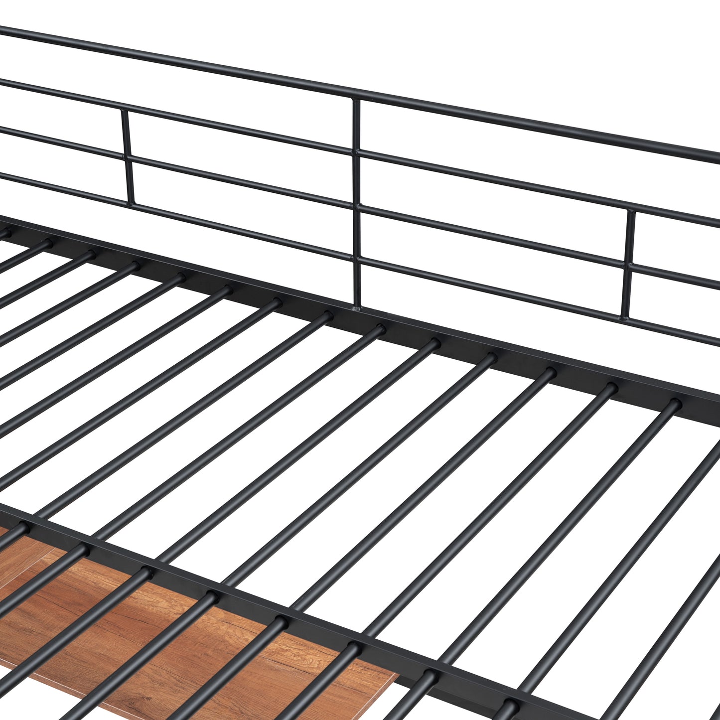 Black metal bed frame with wooden slats for mattress support