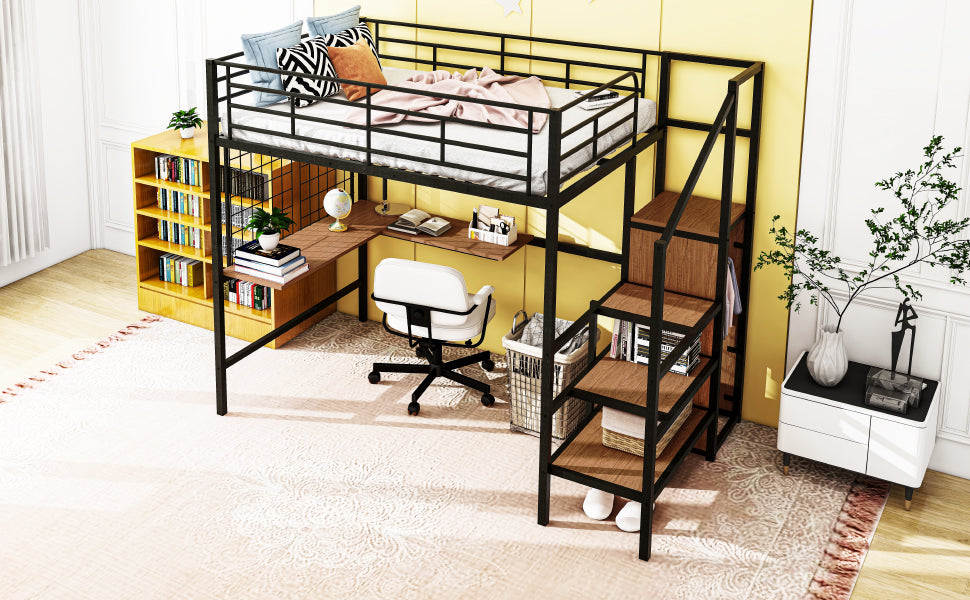 Black metal loft bed with integrated desk and shelves