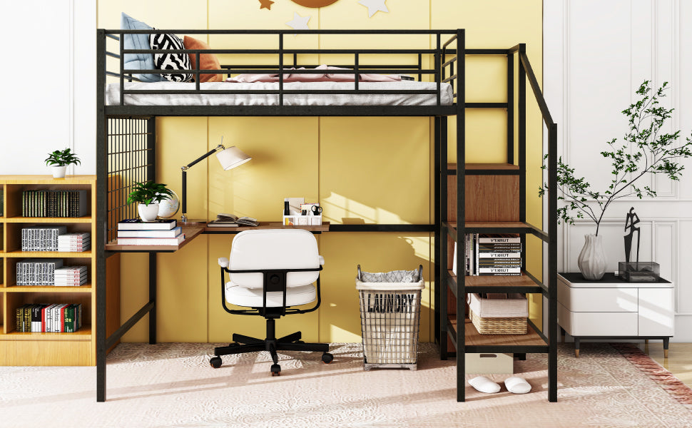 Black metal loft bed with integrated desk and stairs