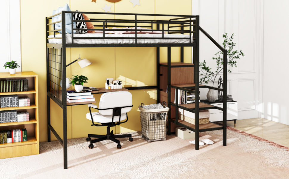 Black metal loft bed with integrated desk and shelving unit