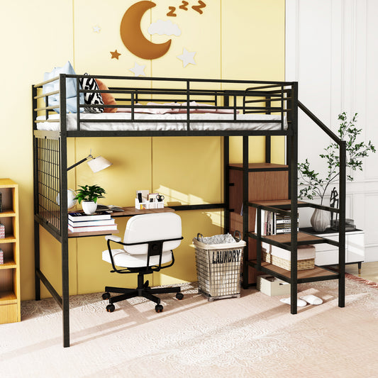 Black metal loft bed with integrated desk and stairs