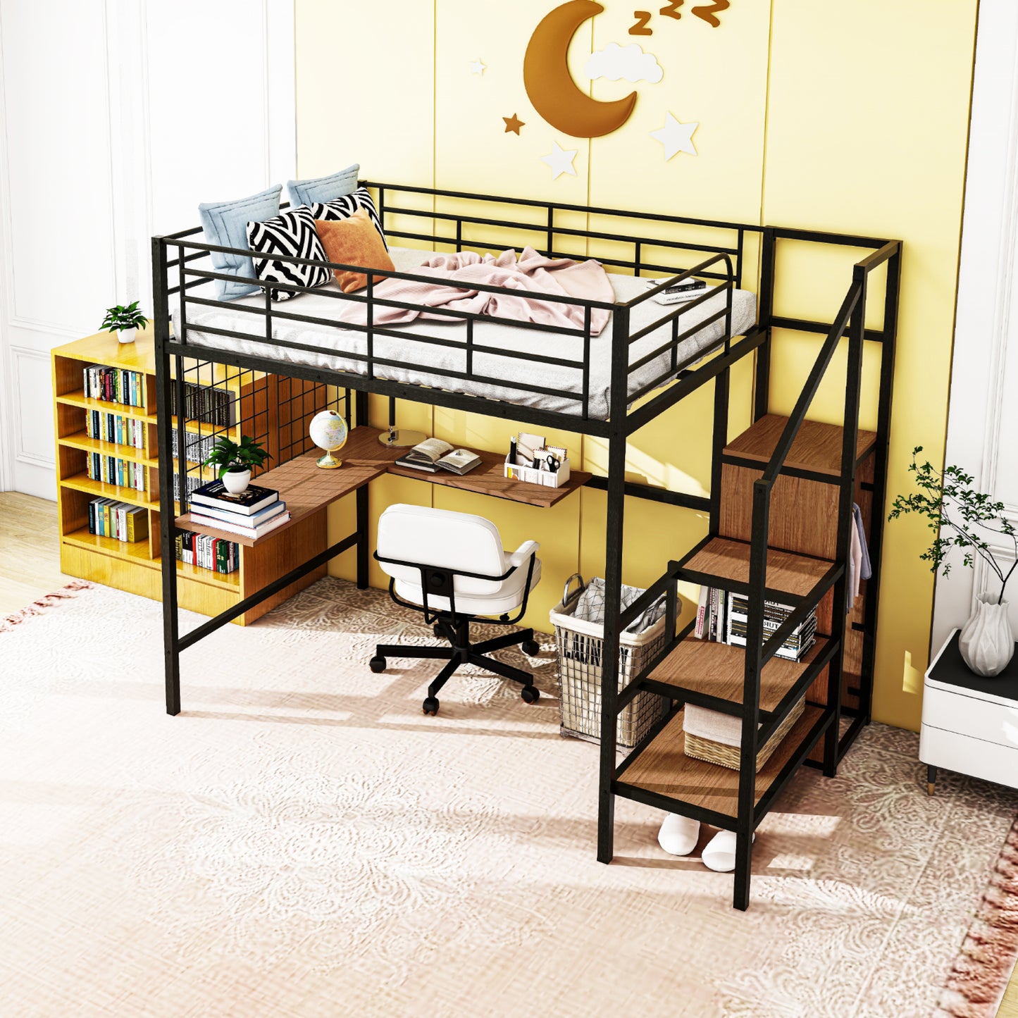 Black metal loft bed with integrated desk and shelves modern style