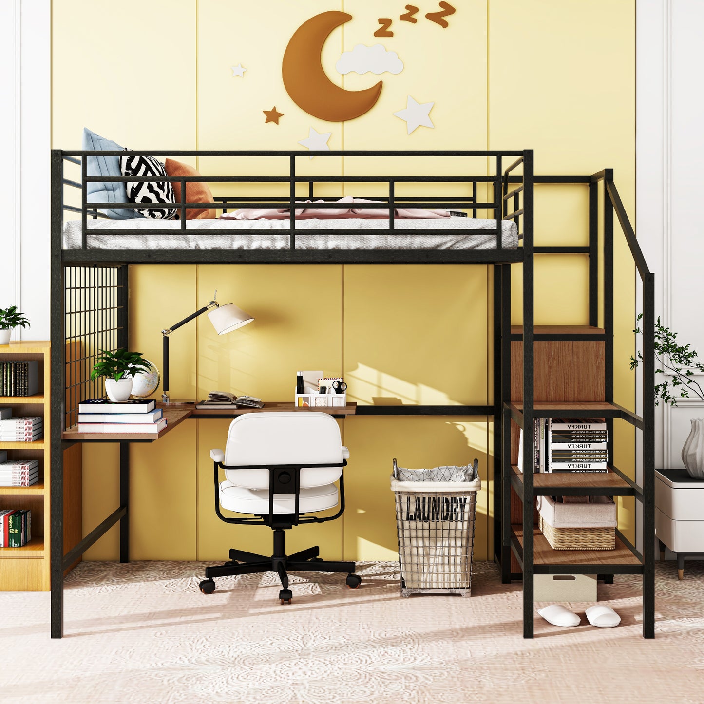 Black metal loft bed with integrated desk and shelves