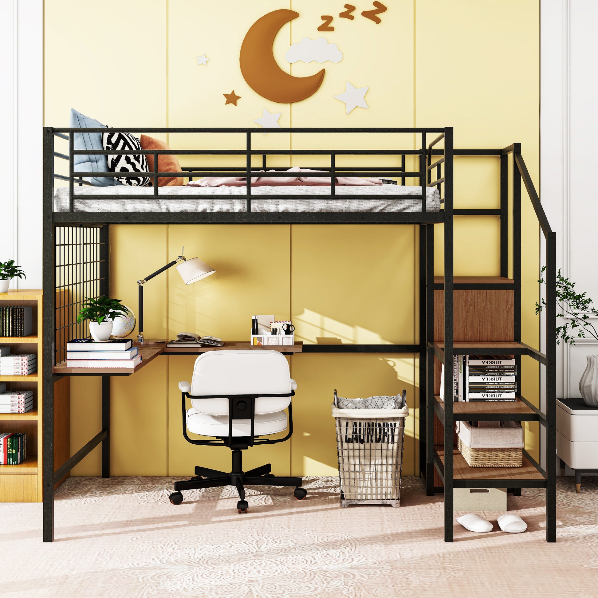 Black metal loft bed with integrated desk and shelves