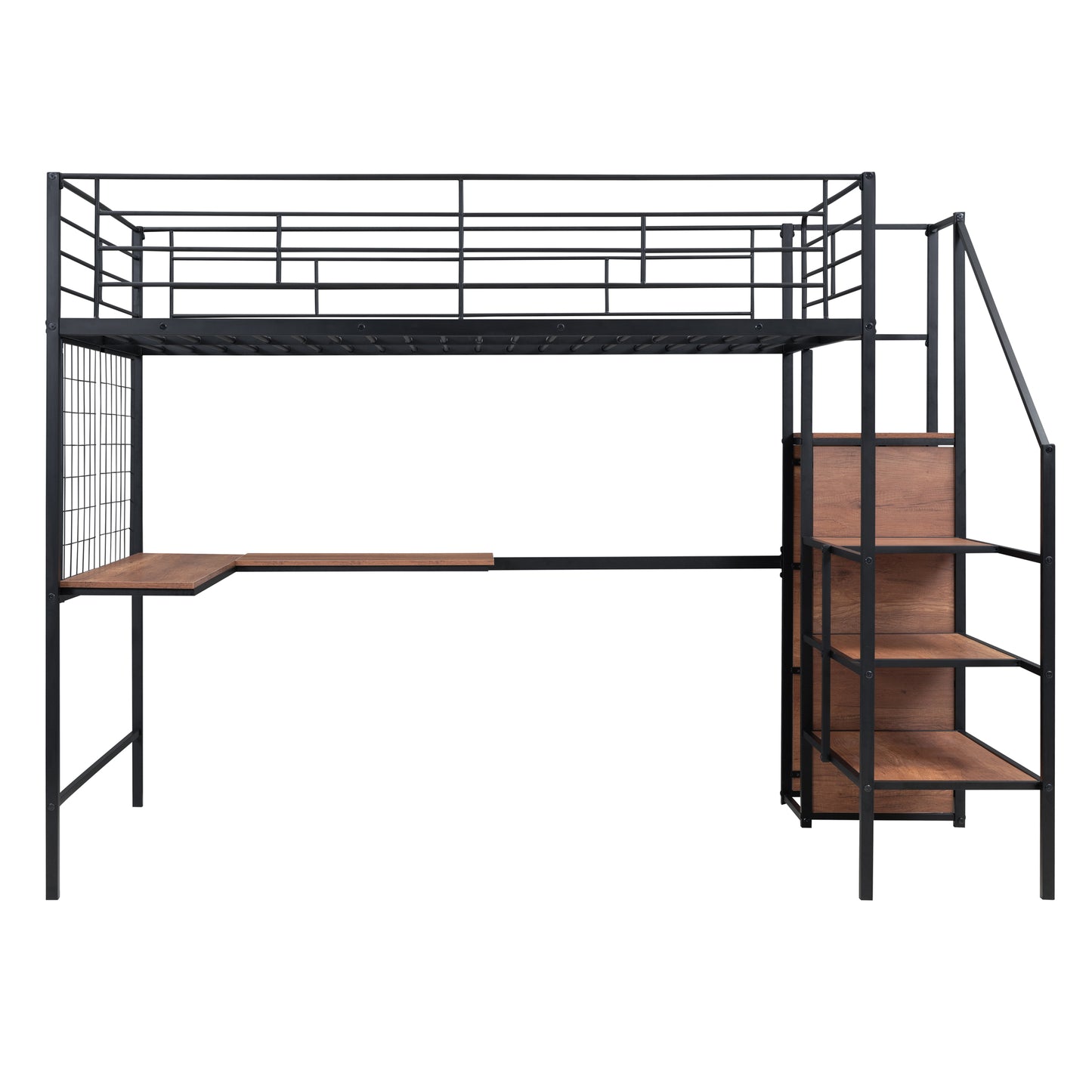 Black metal loft bed with integrated desk and shelves