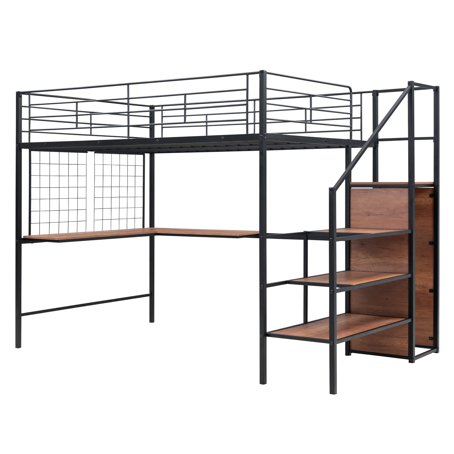 Black metal loft bed with desk and wood shelves