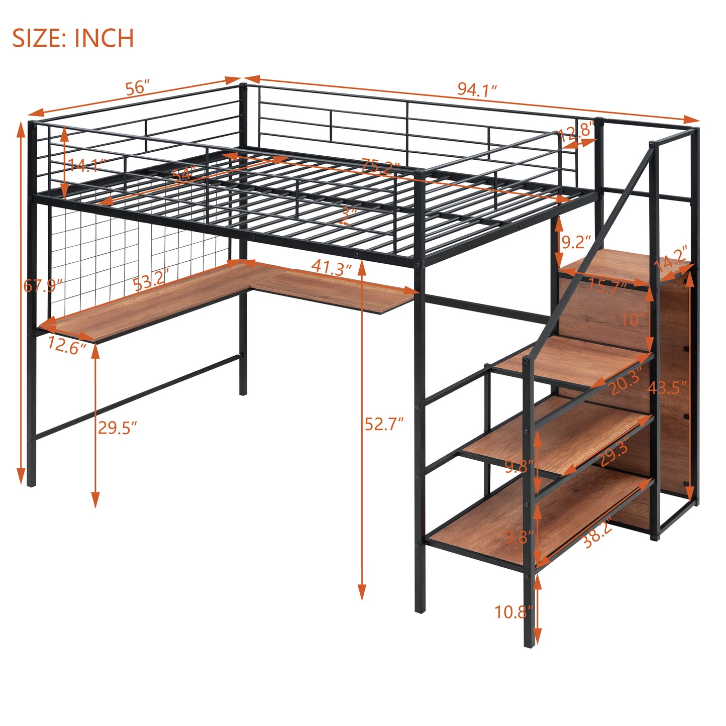 Black metal loft bed with Lshaped desk and staircase