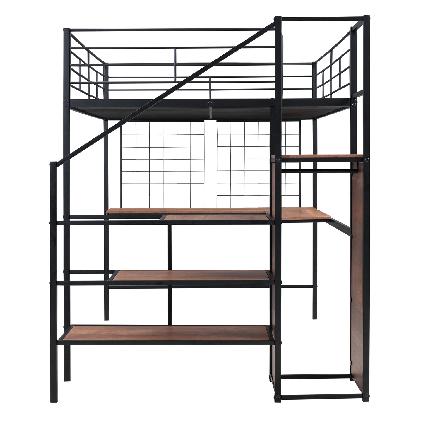 Black metal loft bed with wooden shelves and integrated desk