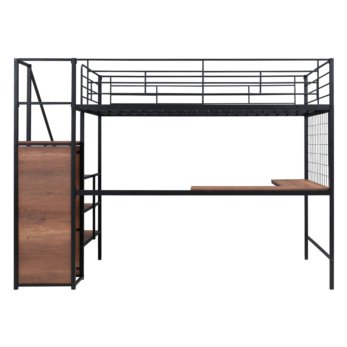 Black metal loft bed with integrated desk and woodgrain shelves
