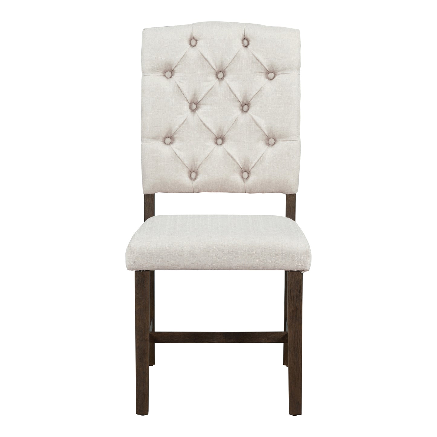 Cream linen tufted dining chair with dark wood legs and diamondstitch back