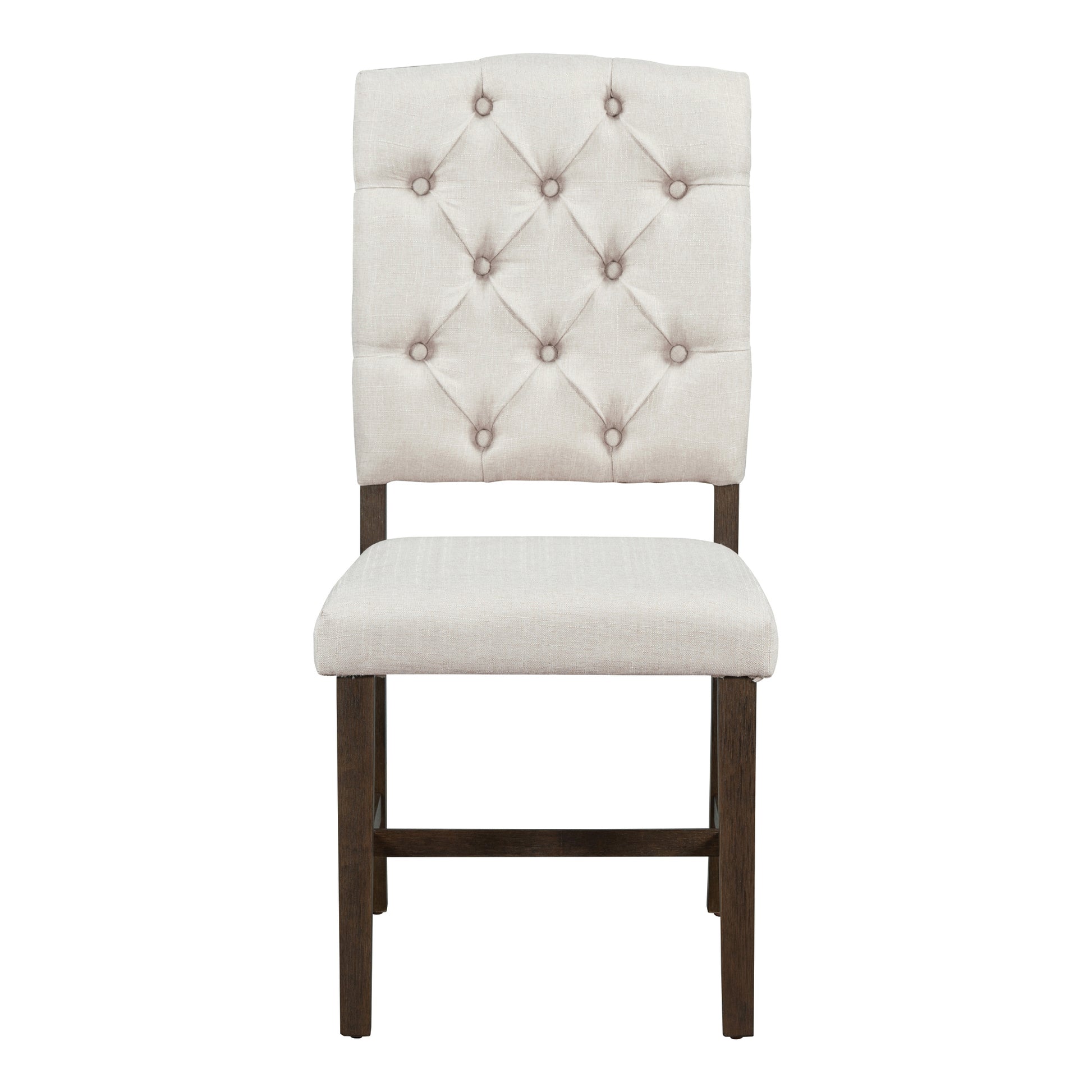Cream linen tufted dining chair with dark wood legs and diamondstitch back