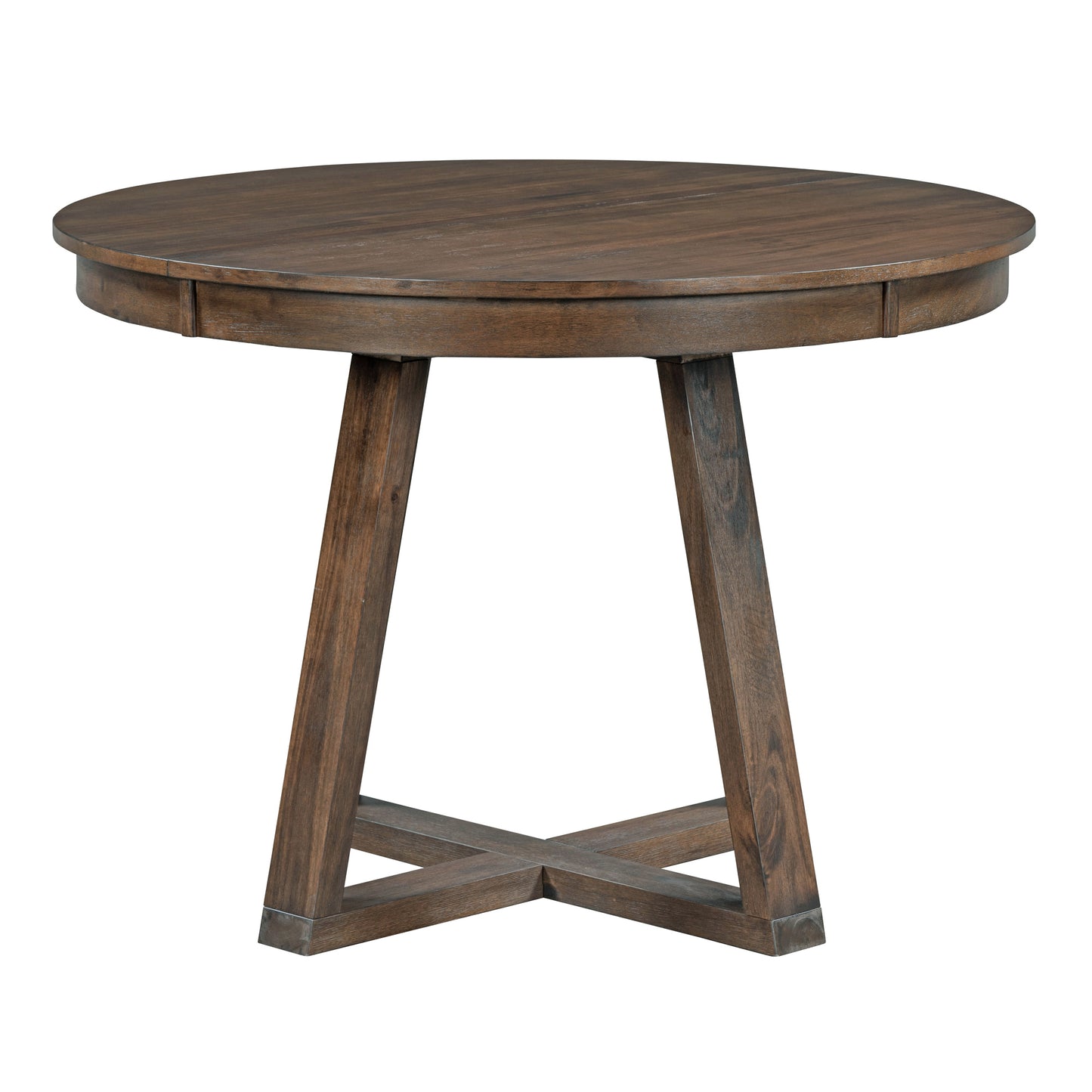 Round dark wood dining table with pedestal base and Xframe support