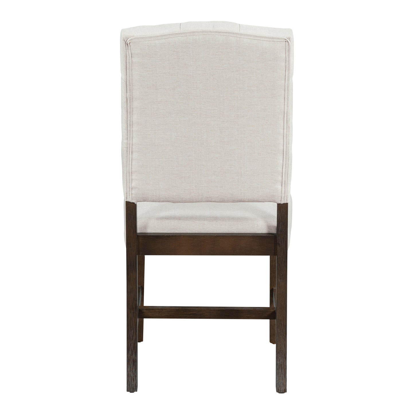 Rear view of an upholstered dining chair with natural linen fabric and dark wood legs