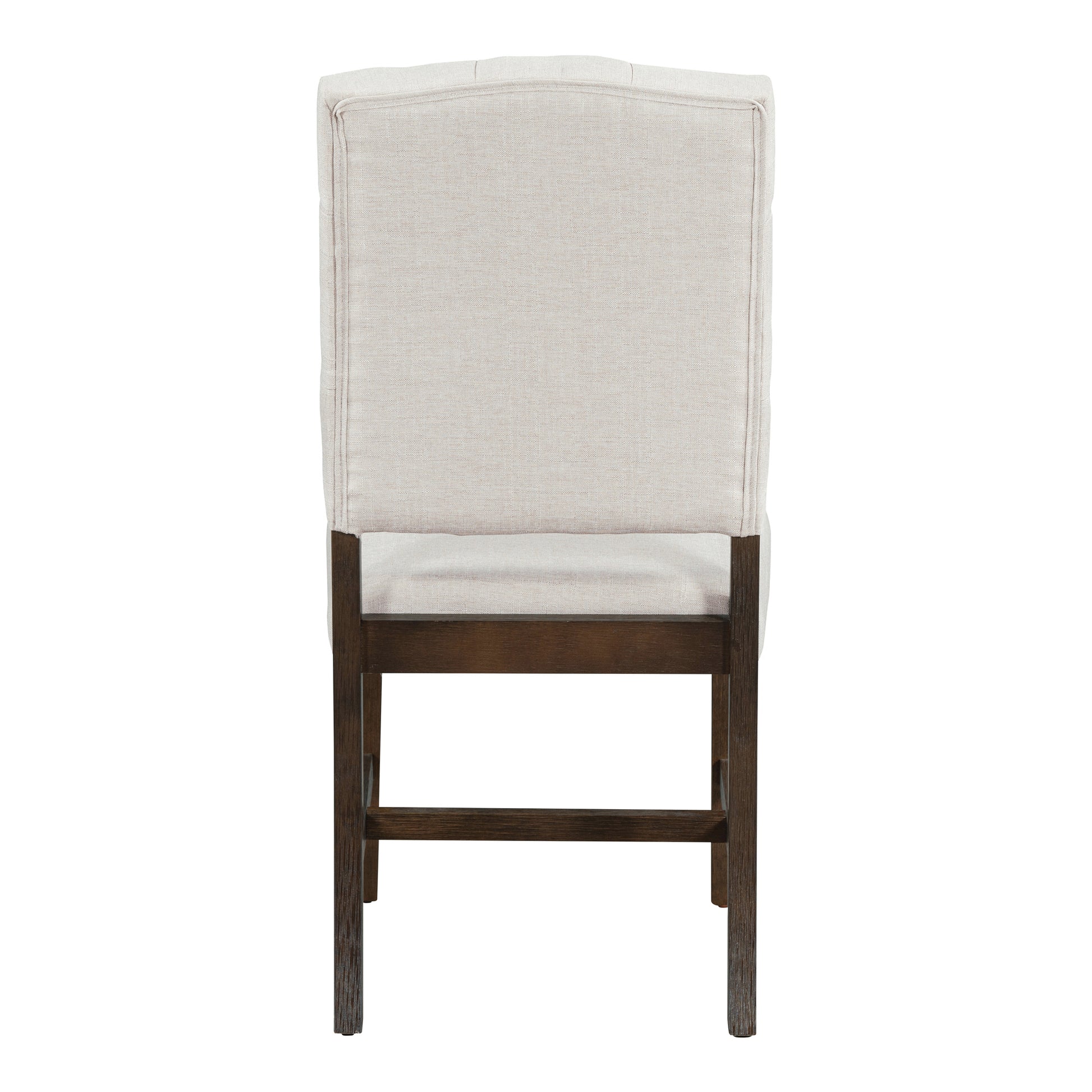 Rear view of an upholstered dining chair with natural linen fabric and dark wood legs