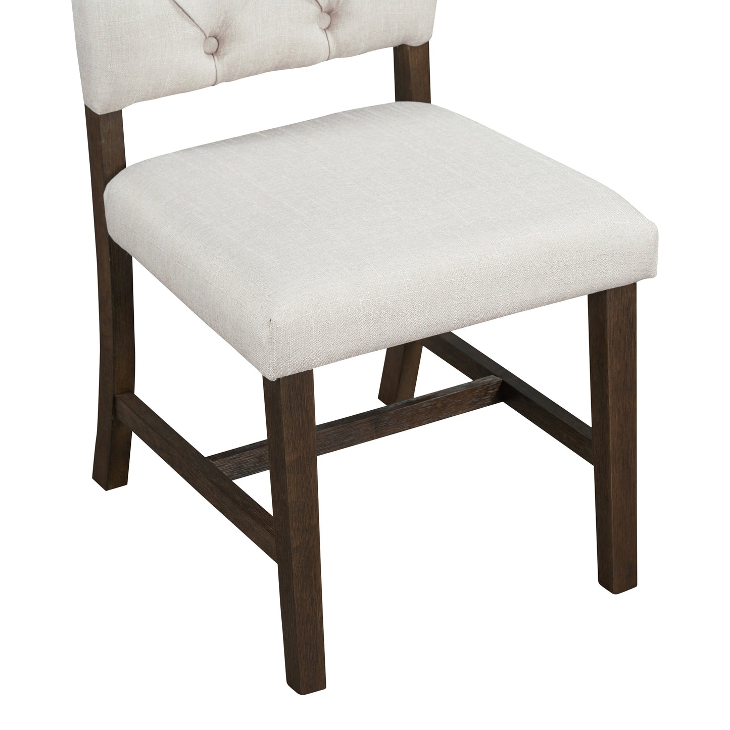 Tufted back linen accent chair with dark wood legs