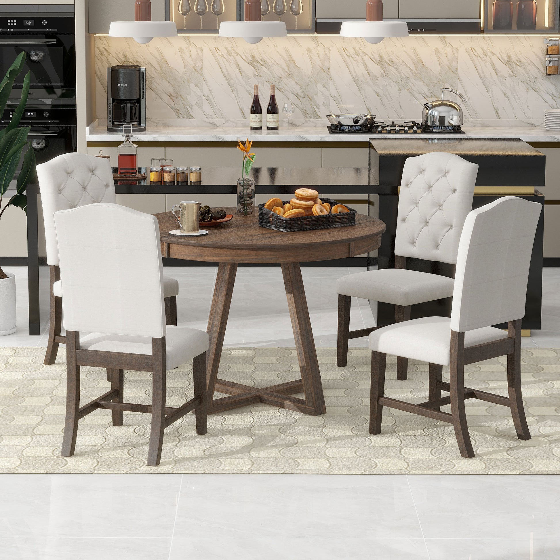 Round dining table with tufted dining chairs set