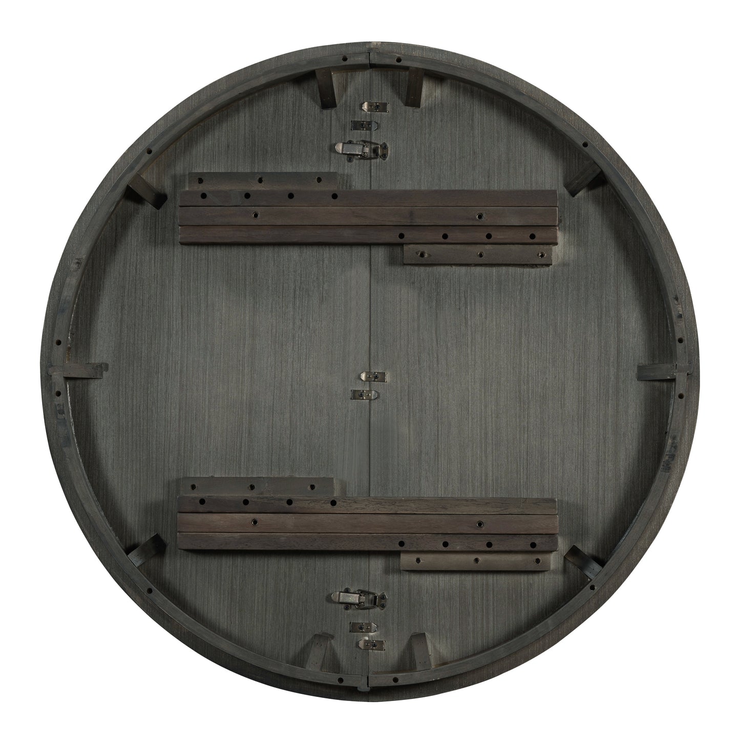 Underside of a round gray wood dropleaf dining table with folded leaves and metal hardware