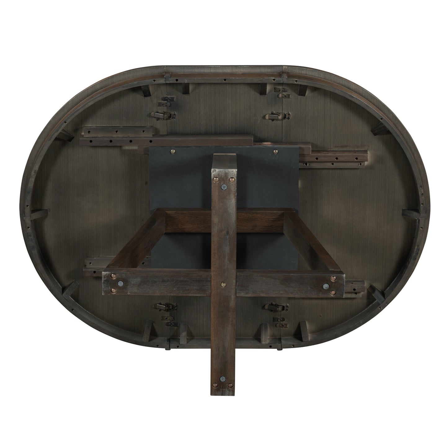 Underside of a dark wood round dining table with metal latches and support beams featuring extendable leaf mechanism