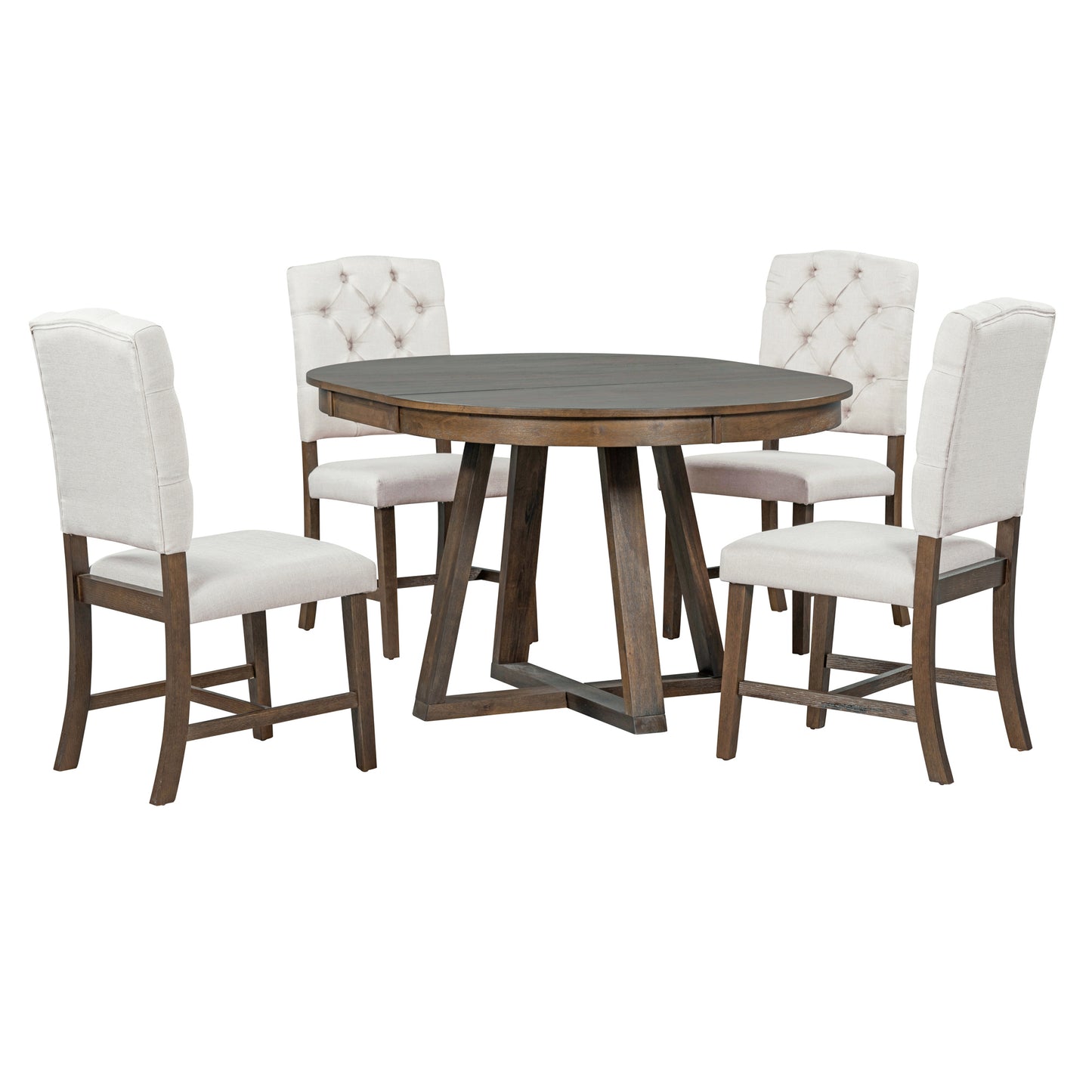 Round dark wood dining table with tufted cream upholstered chairs