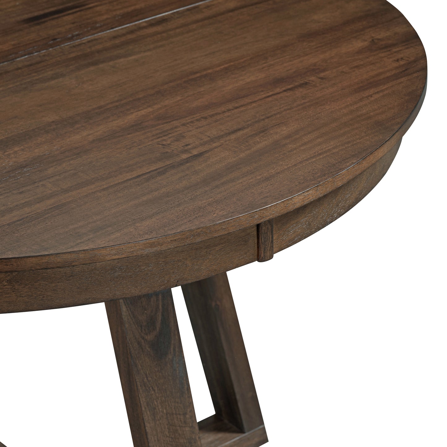 Dark brown round dining table with wood grain texture and a matte finish