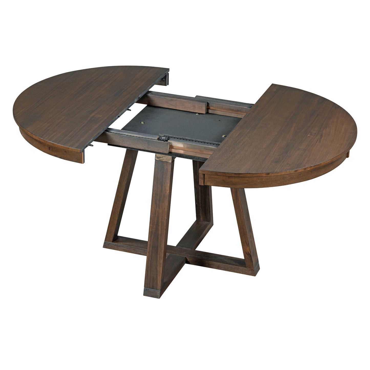Dark wood round dining table with extension mechanism visible