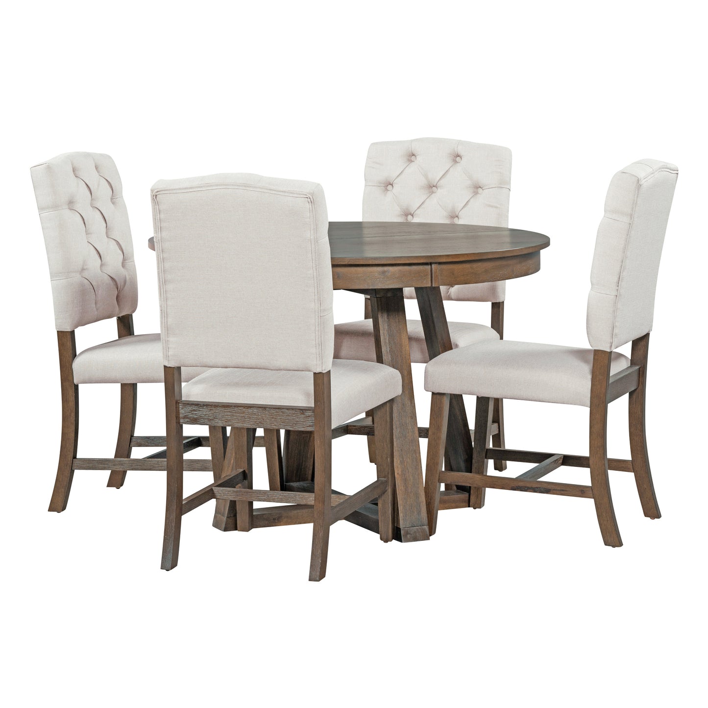 Round wood dining table with four tufted linen counter stools