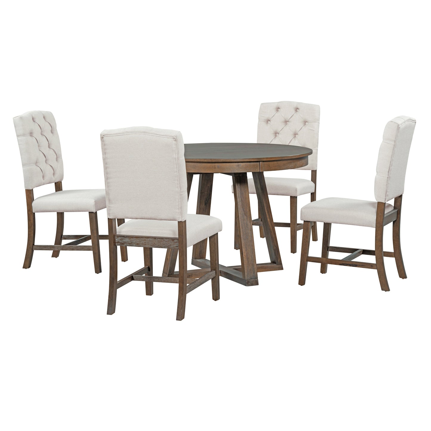 Round oak dining table with four upholstered dining chairs in cream