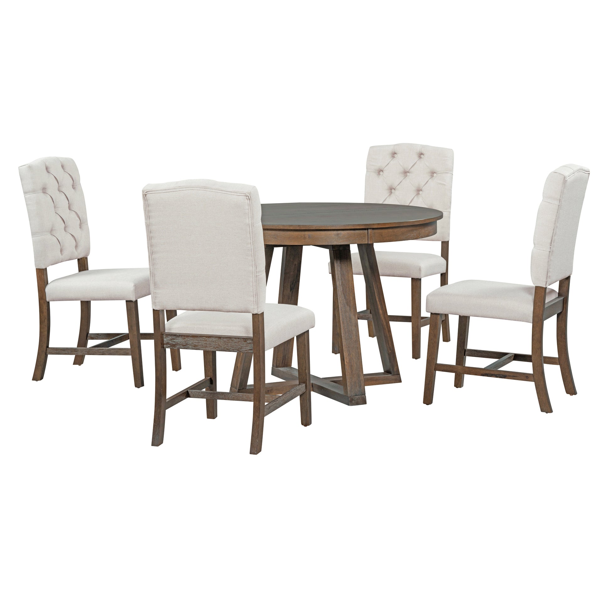 Round oak dining table with four upholstered dining chairs in cream