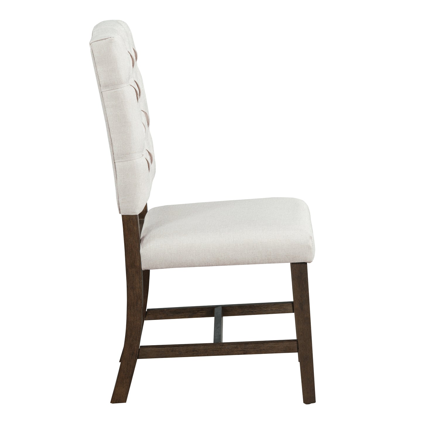 Tufted back beige fabric dining chair with dark wood legs