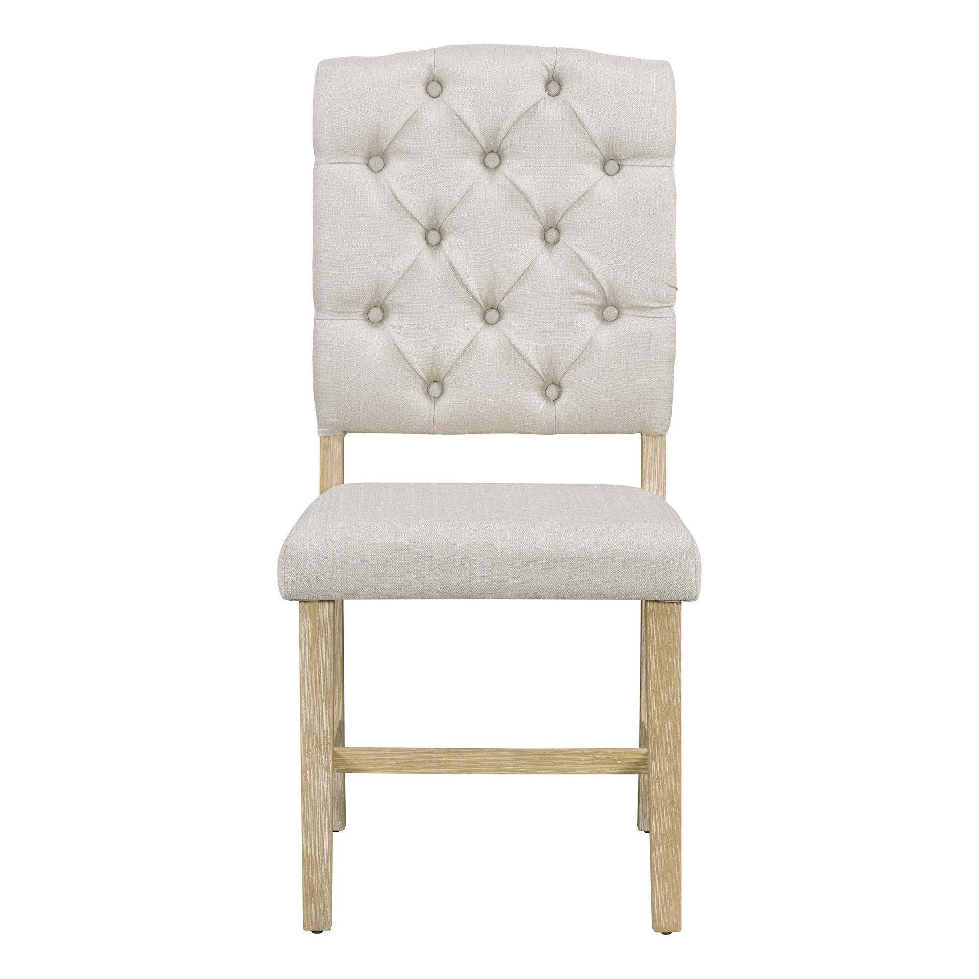 Tufted beige upholstered dining chair with light wood legs and arched back