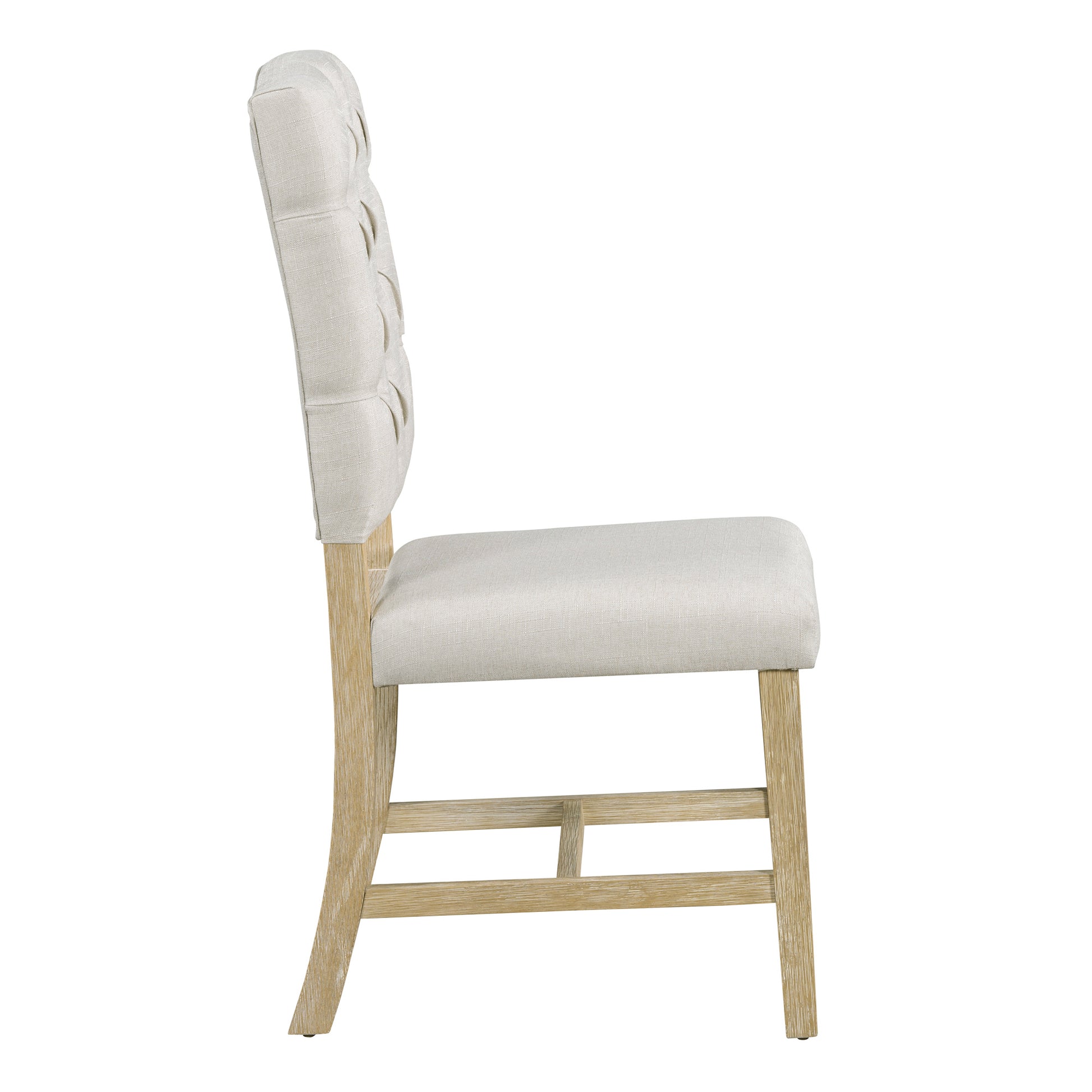 Tufted beige linen dining chair with light wood legs elegant side profile view