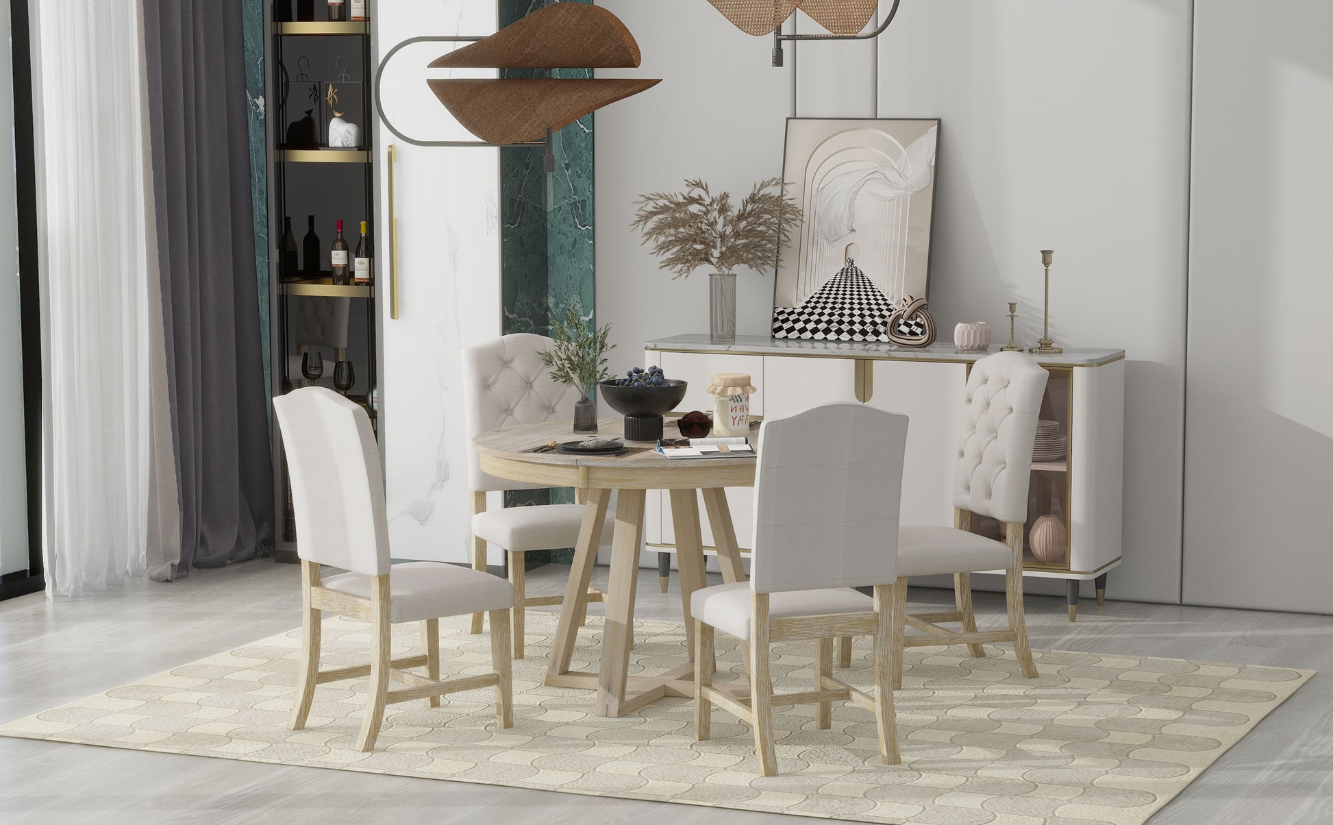 Tufted dining chairs upholstered in light beige fabric with wooden legs around a round oak dining table