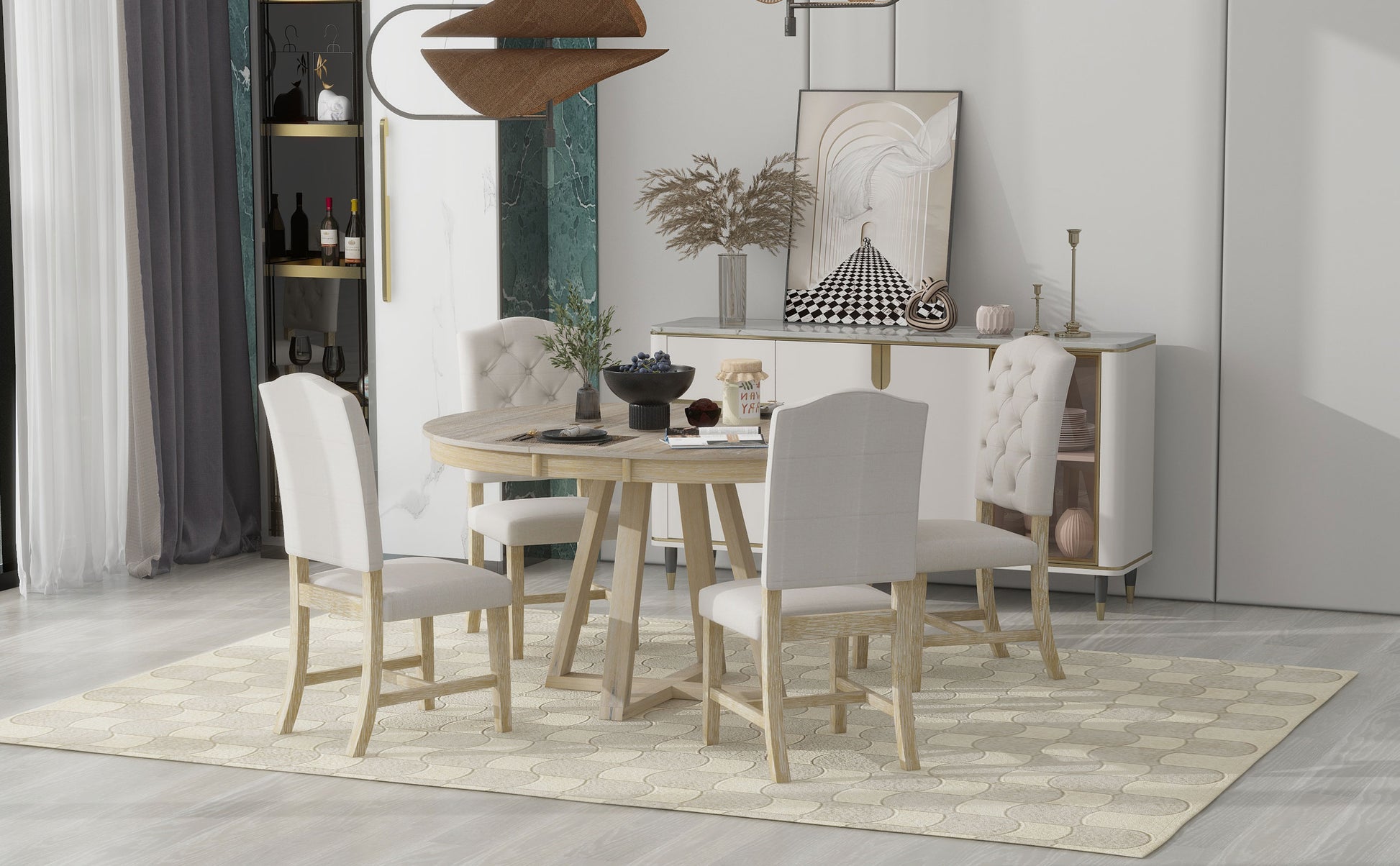 Light oak wood dining table with four upholstered chairs