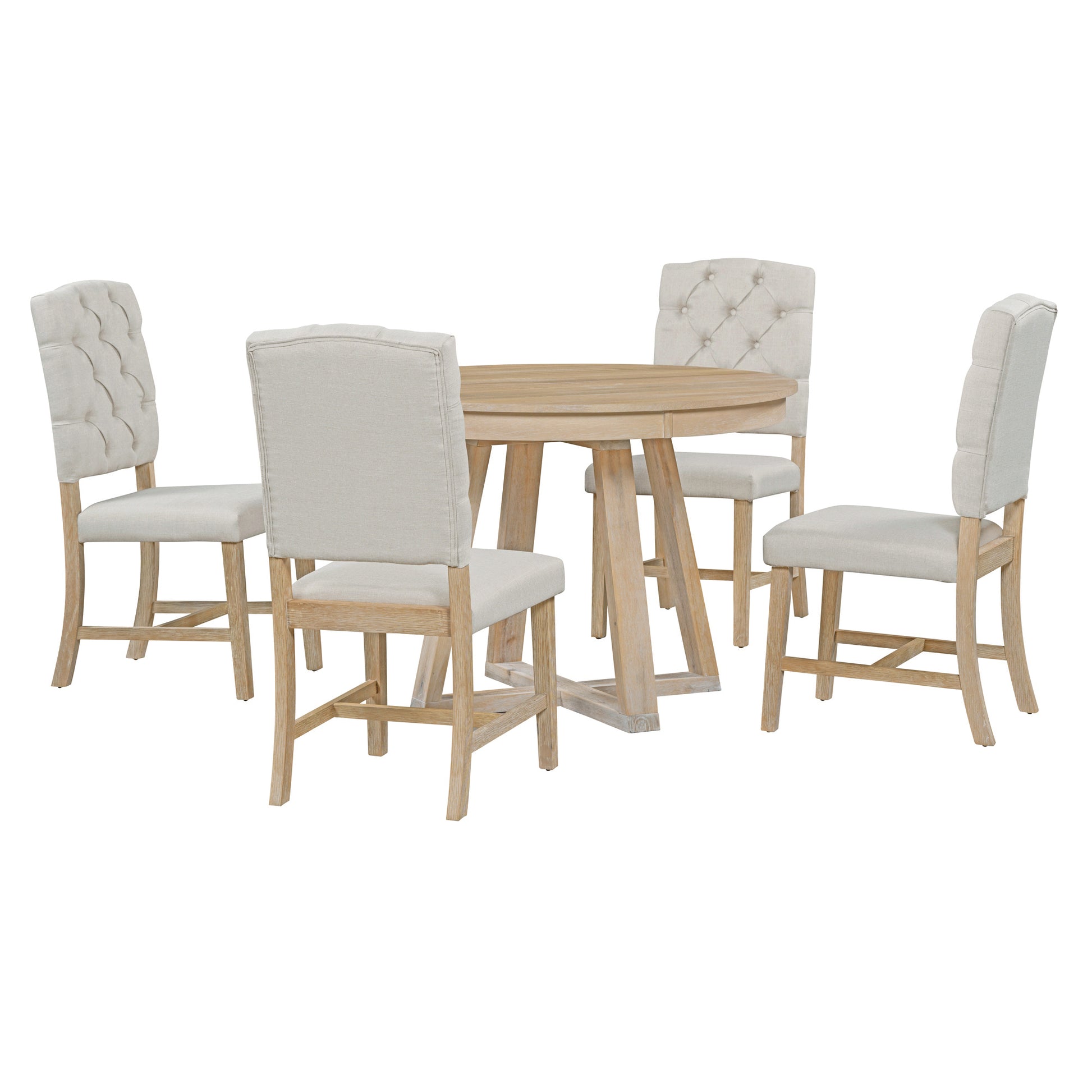 Round pedestal dining table with four upholstered chairs