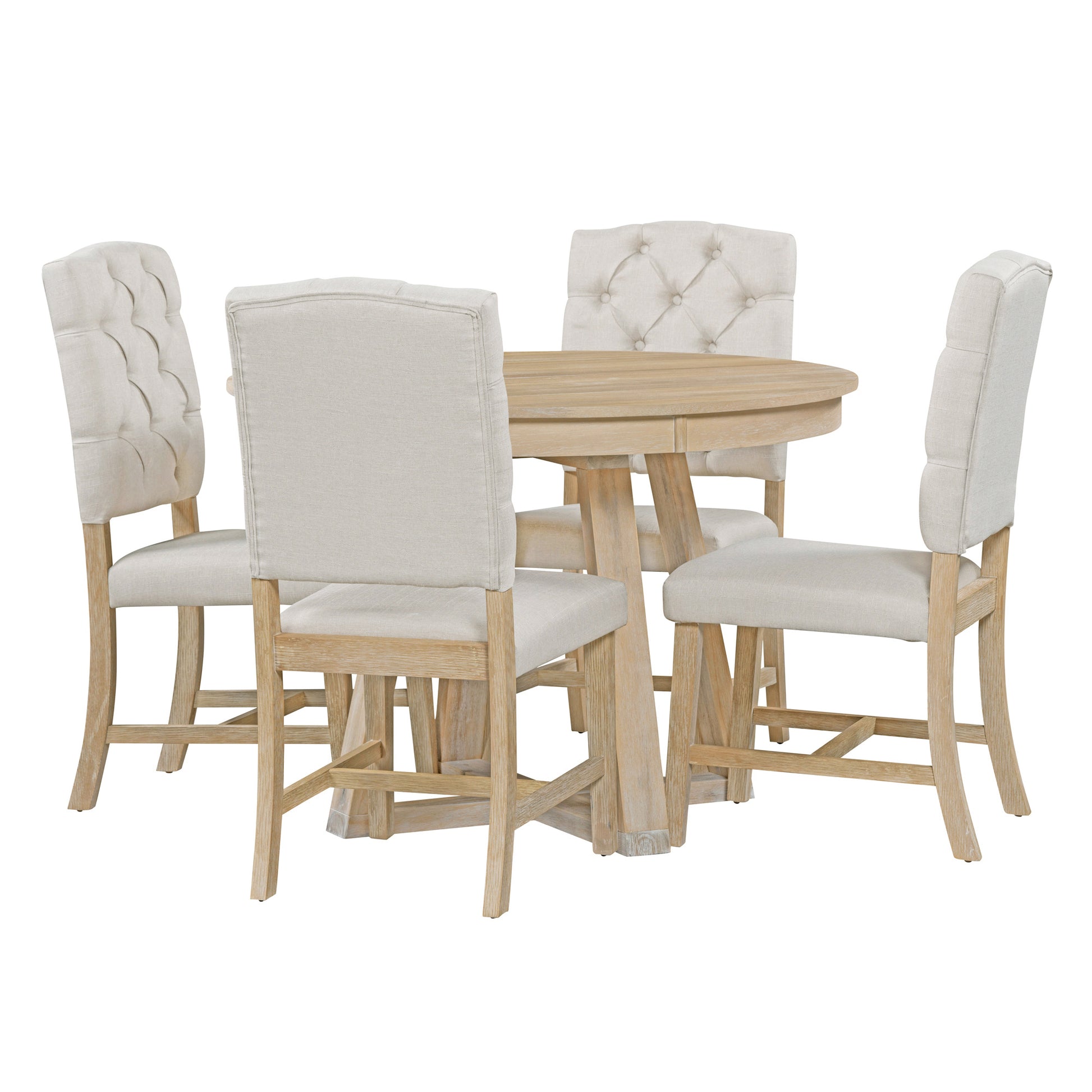 Rustic dining set with round wood table and four upholstered chairs