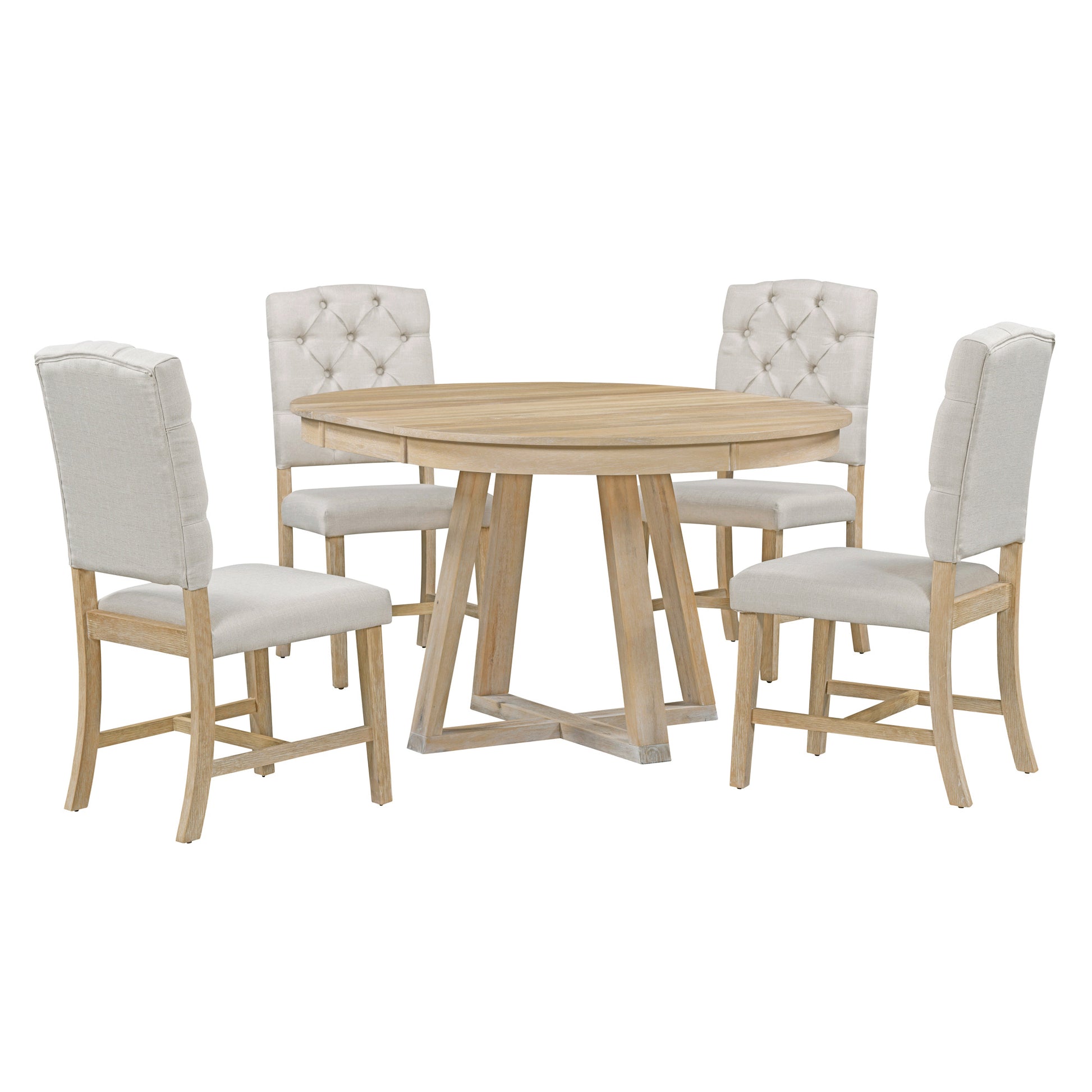 Natural wood round dining table set with four upholstered linen chairs