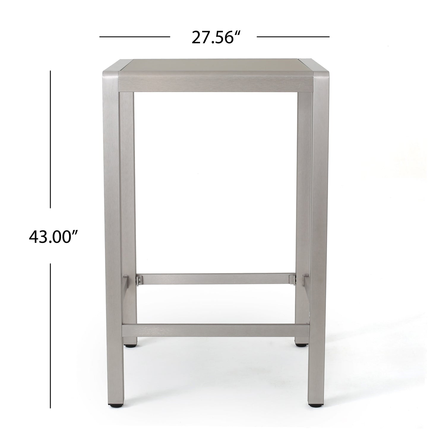 Silver metal bar table with glass top and straight legs