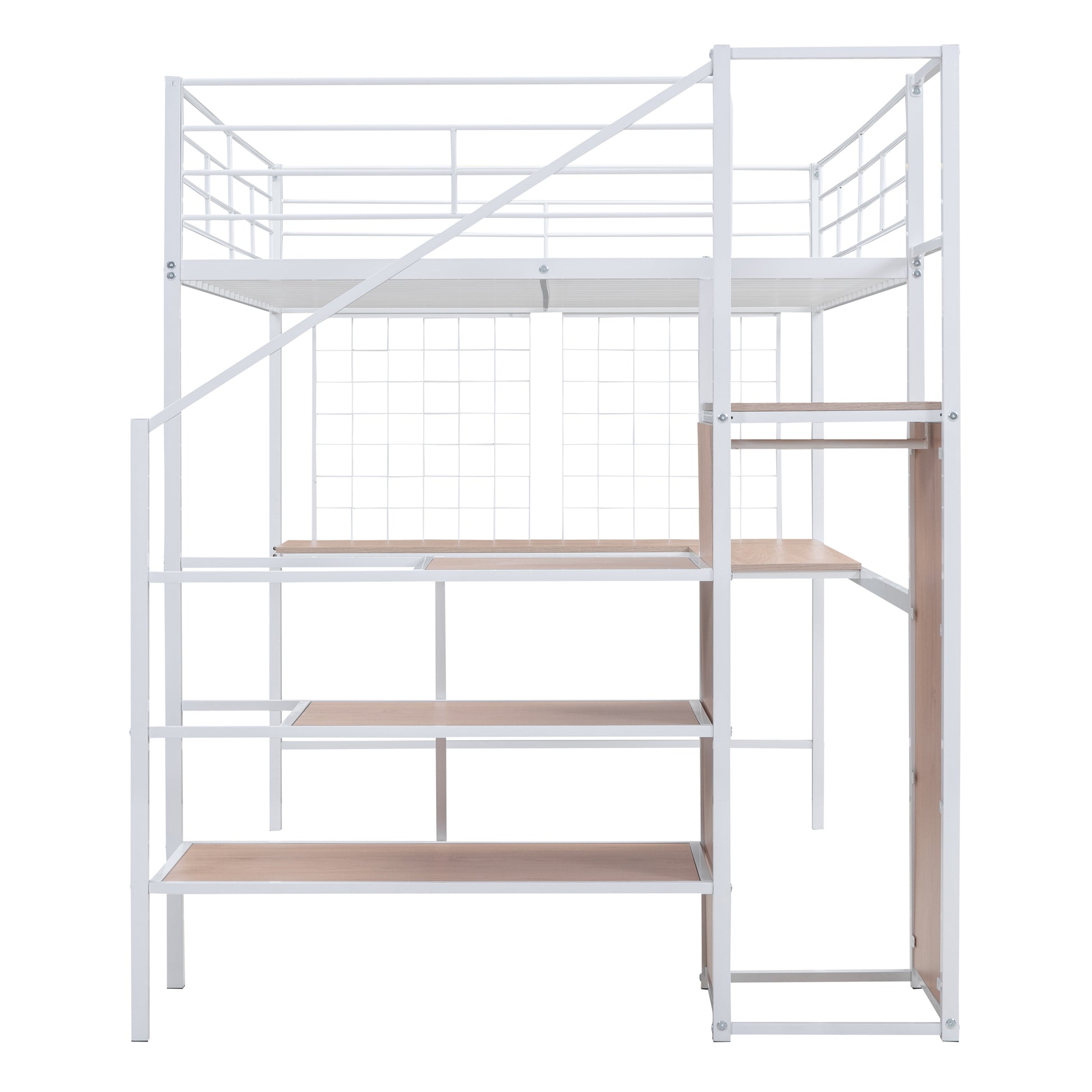 White metal loft bed with wooden shelves and integrated desk