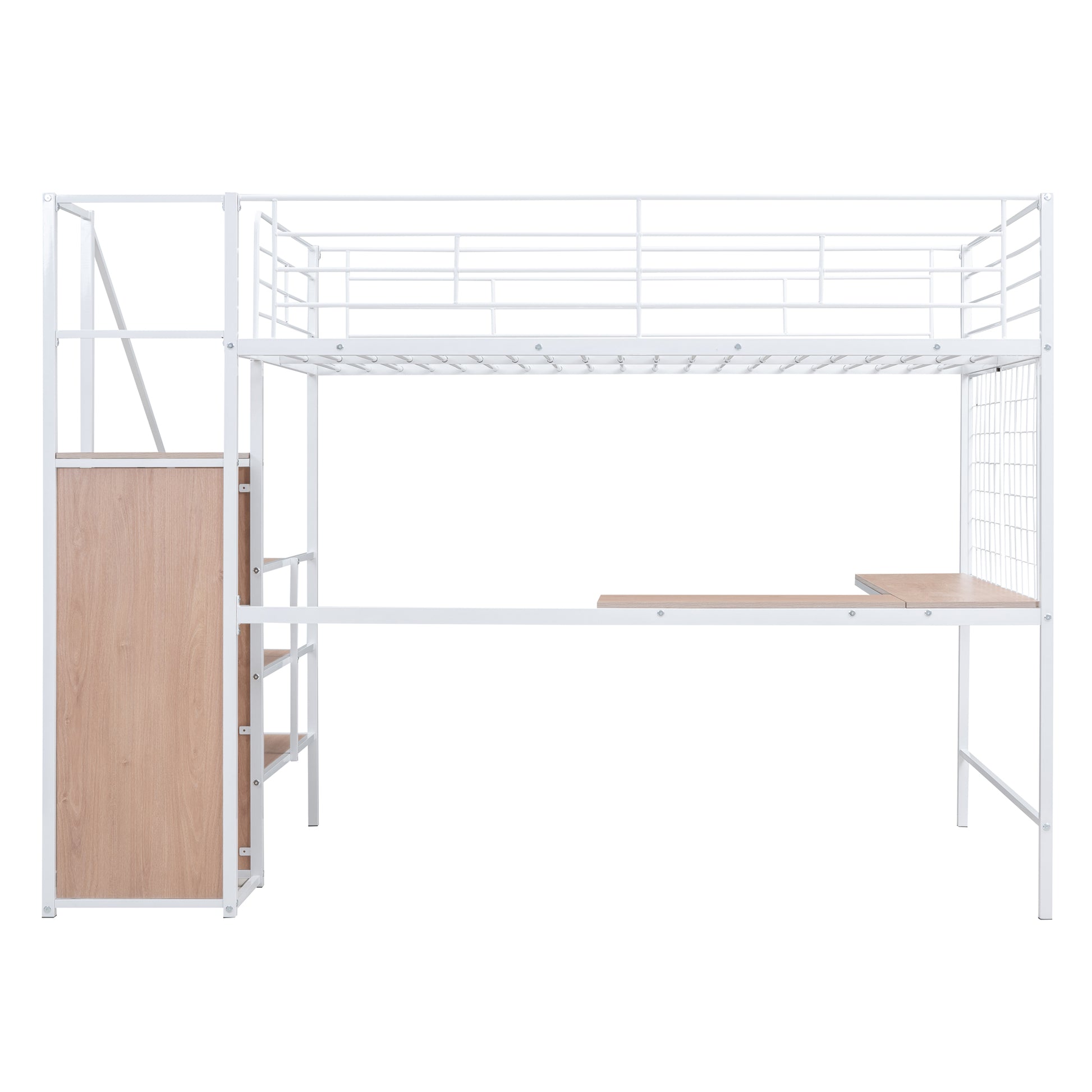 White metal loft bed with integrated desk and wood shelving