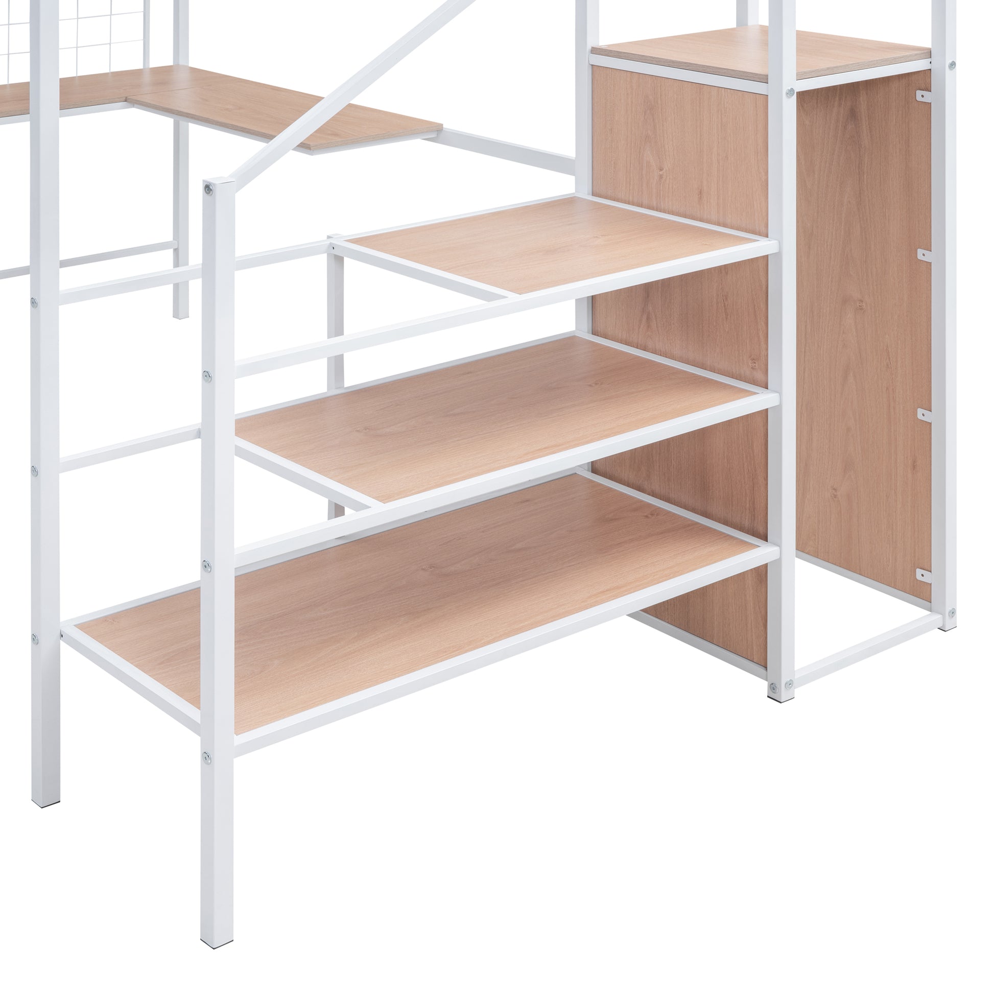 Modern white metal frame desk with natural wood shelves